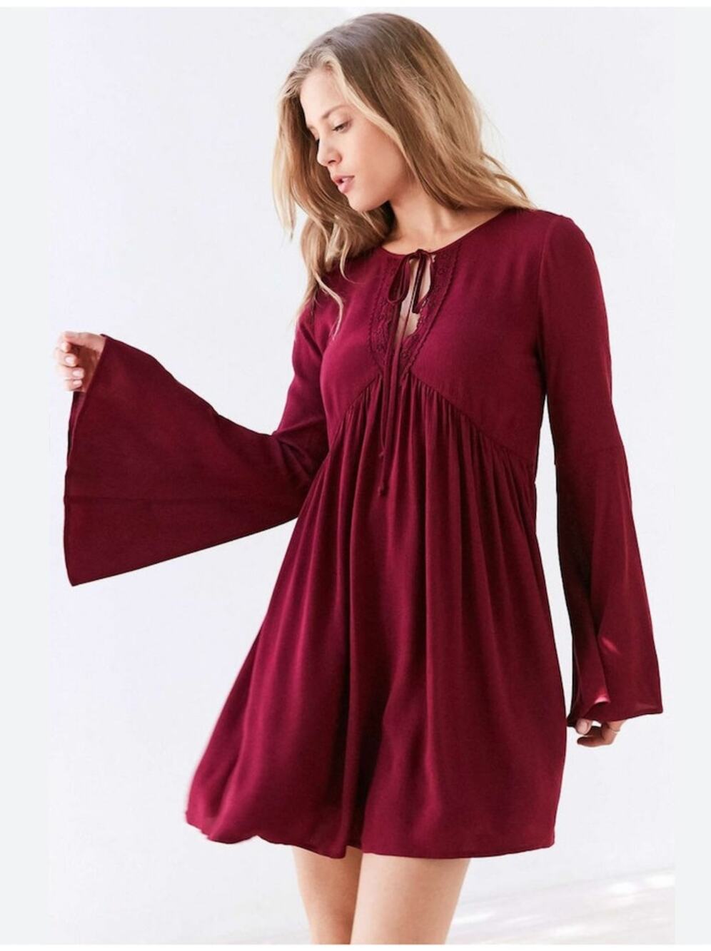 Ecote dress Maroon bell sleeves baby doll back cut, Crochet trim Y2K fairy Sz -S